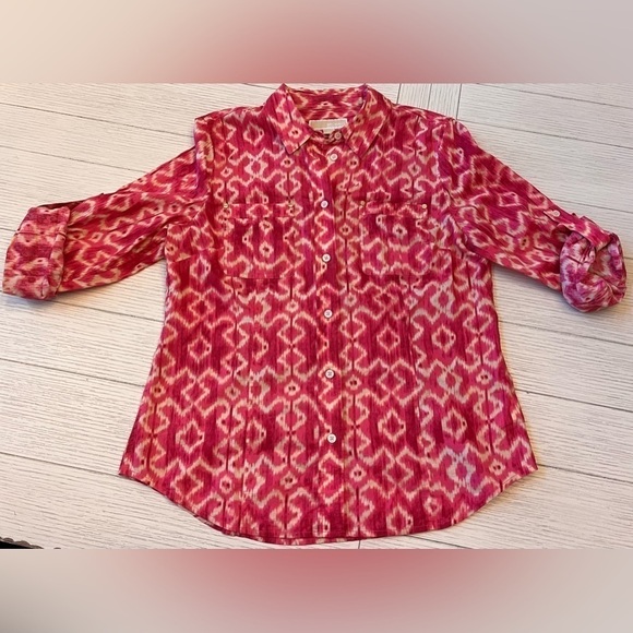 Michael Kors watercolors pink & tan button down shirt w/ free pink tank. Size L - Picture 1 of 10